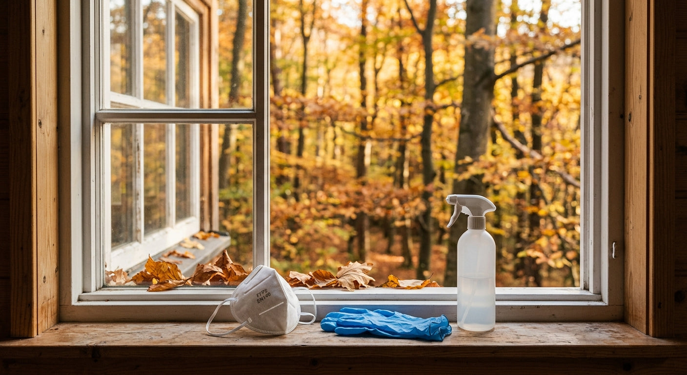 FFP2 respirator and gloves on a cabin windowsill in an autumn forest - Hantavirus prevention guide | parahealth