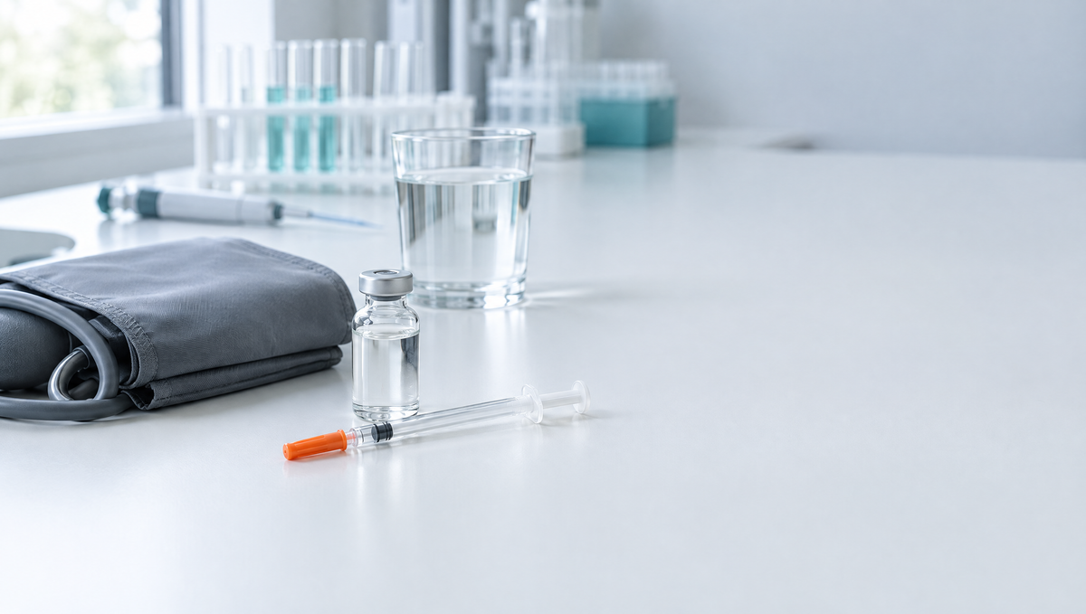 Nieoznakowana szklana fiolka, strzykawka insulinowa U-100, mankiet do pomiaru ciśnienia i szklanka wody na białym blacie laboratoryjnym