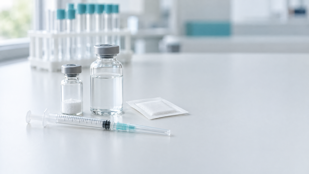 Nieoznakowana fiolka z liofilizowanym proszkiem, butelka z przezroczystym rozpuszczalnikiem, strzykawka i gazik nasączony alkoholem na białym blacie laboratoryjnym