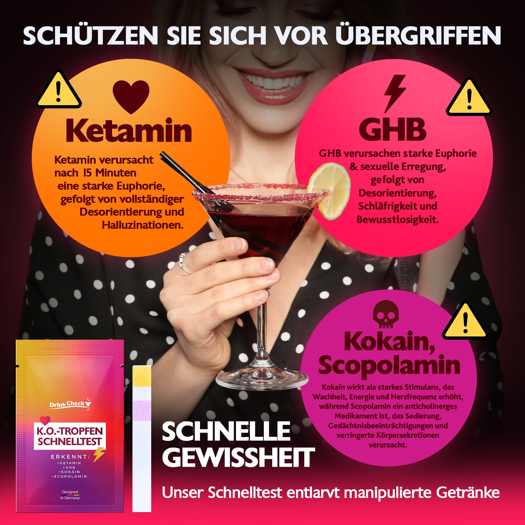 DrinkCheck Szybki test na obecność substancji odurzających (pigułka gwałtu) do wykrywania ketaminy, GHB, skopolaminy i kokainy