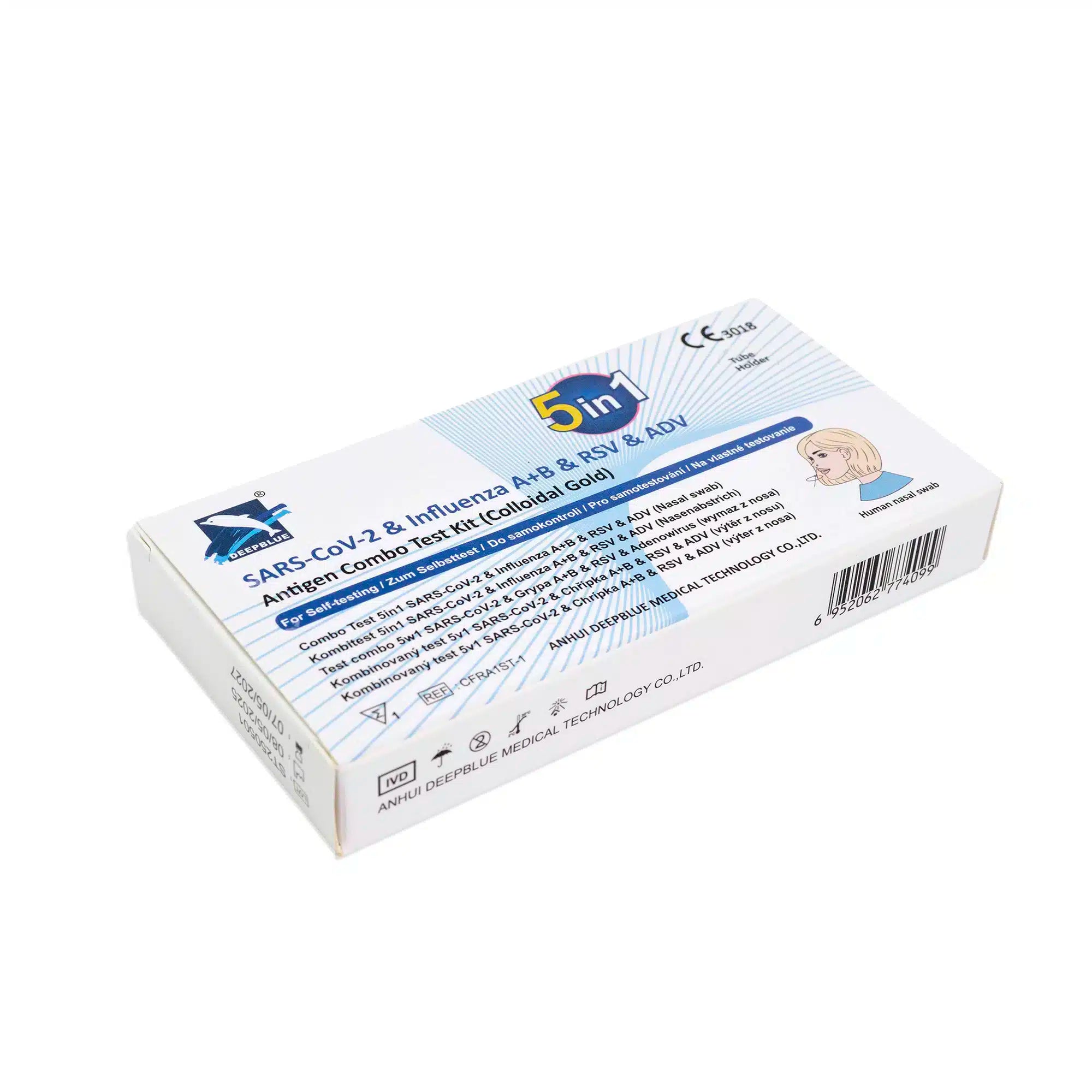 Deepblue 5 w 1 Test kombi: COVID-19, Grypa A+B, RSV i Adenowirus – Antygenowy test do samokontroli