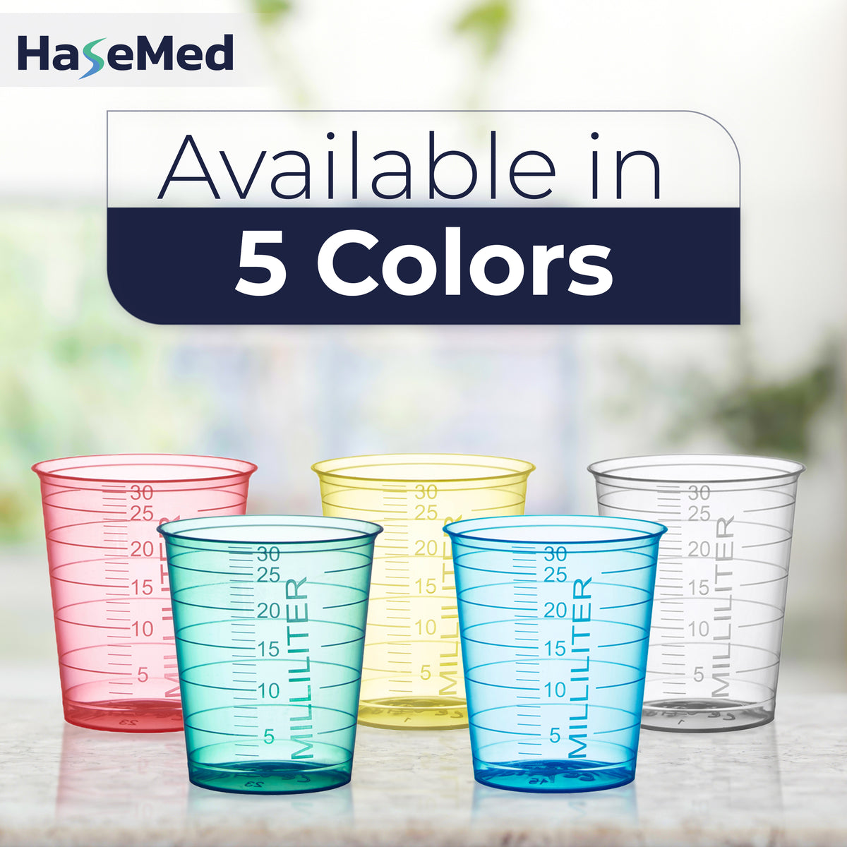 HaseMed 30 ml medicine cups in five available colours. Each pack contains 80 cups of one selected colour, without lids.