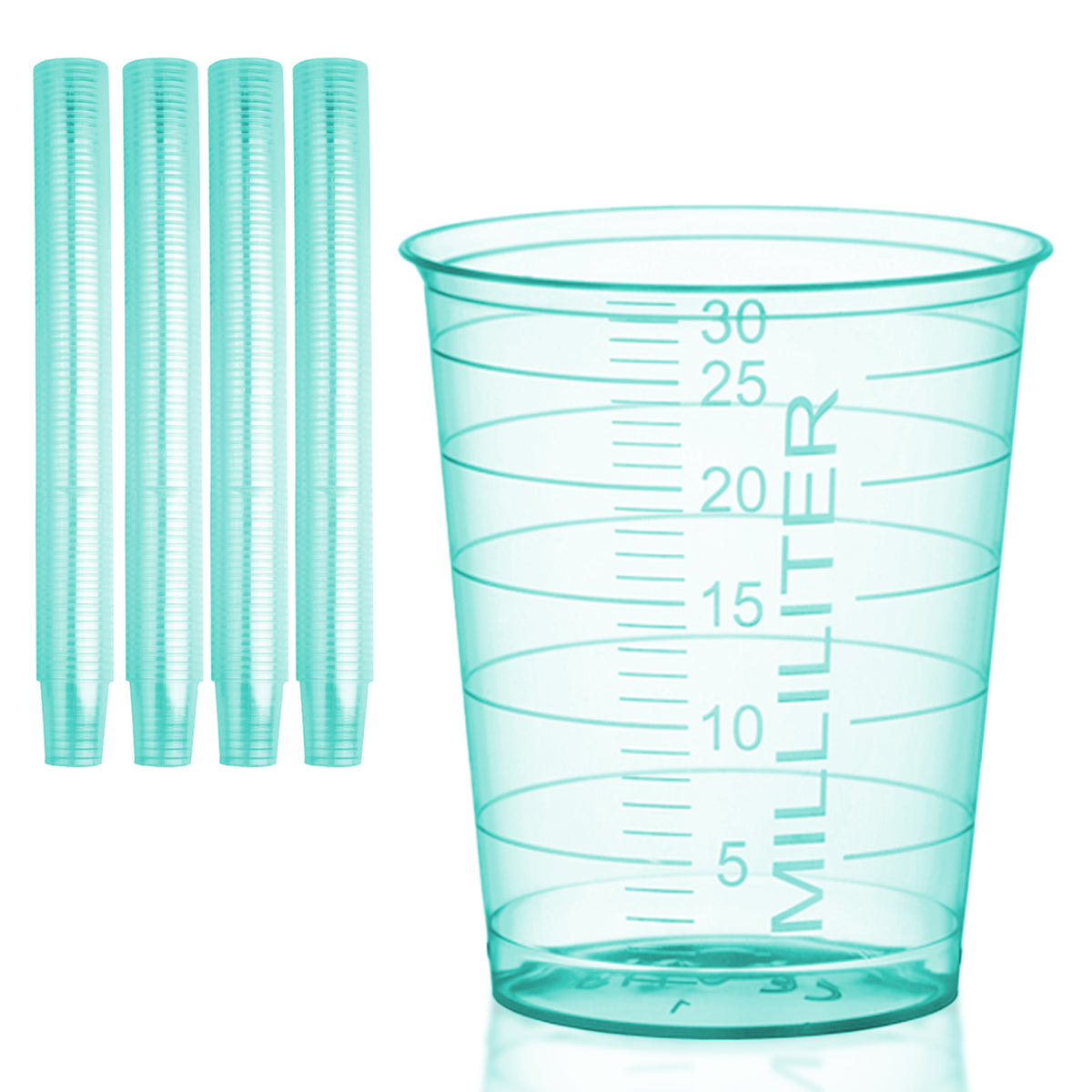 Stacks of HaseMed 30 ml medicine cups. Colour: green. Sold as 80 cups of one selected colour, without lids.