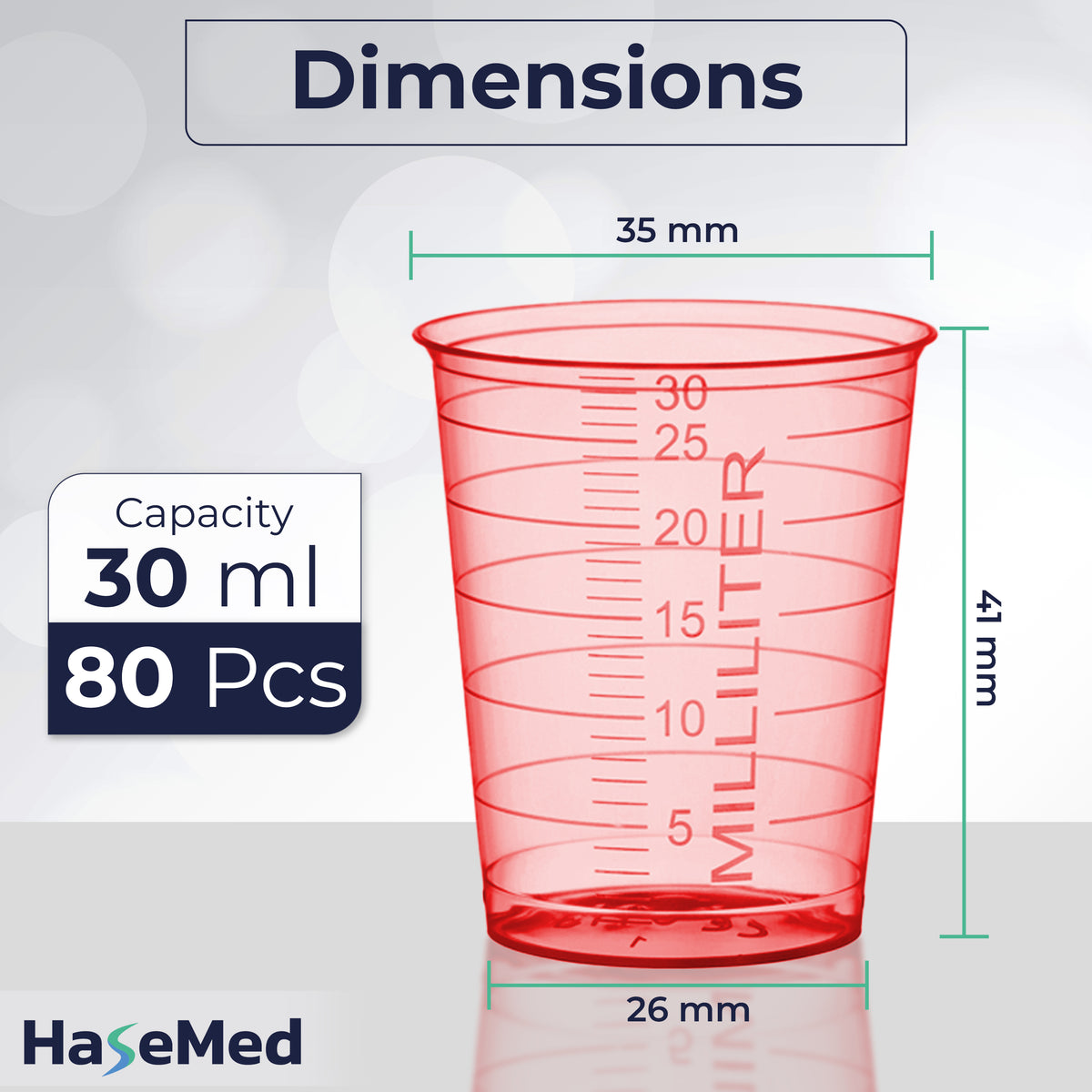 Dimension graphic for a HaseMed 30 ml medicine cup. Colour: red. Sold as 80 cups of one selected colour, without lids.