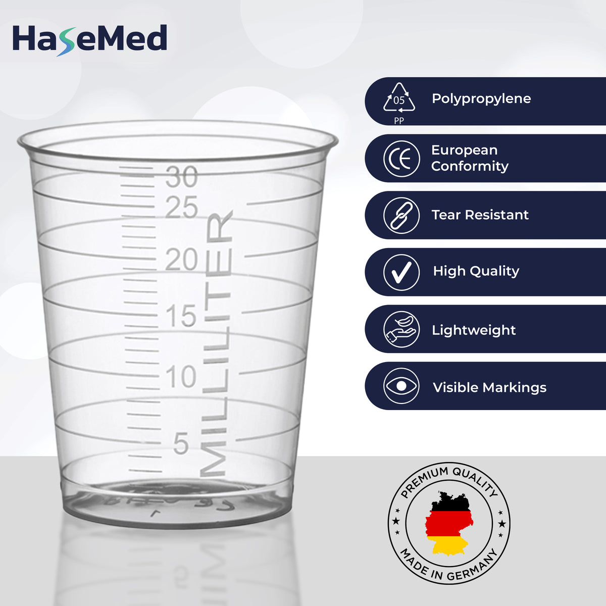 Feature graphic for HaseMed 30 ml medicine cups. Colour: transparent. Sold as 80 cups of one selected colour, without lids.