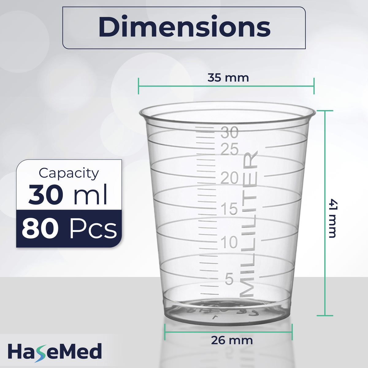 Dimension graphic for a HaseMed 30 ml medicine cup. Colour: transparent. Sold as 80 cups of one selected colour, without lids.