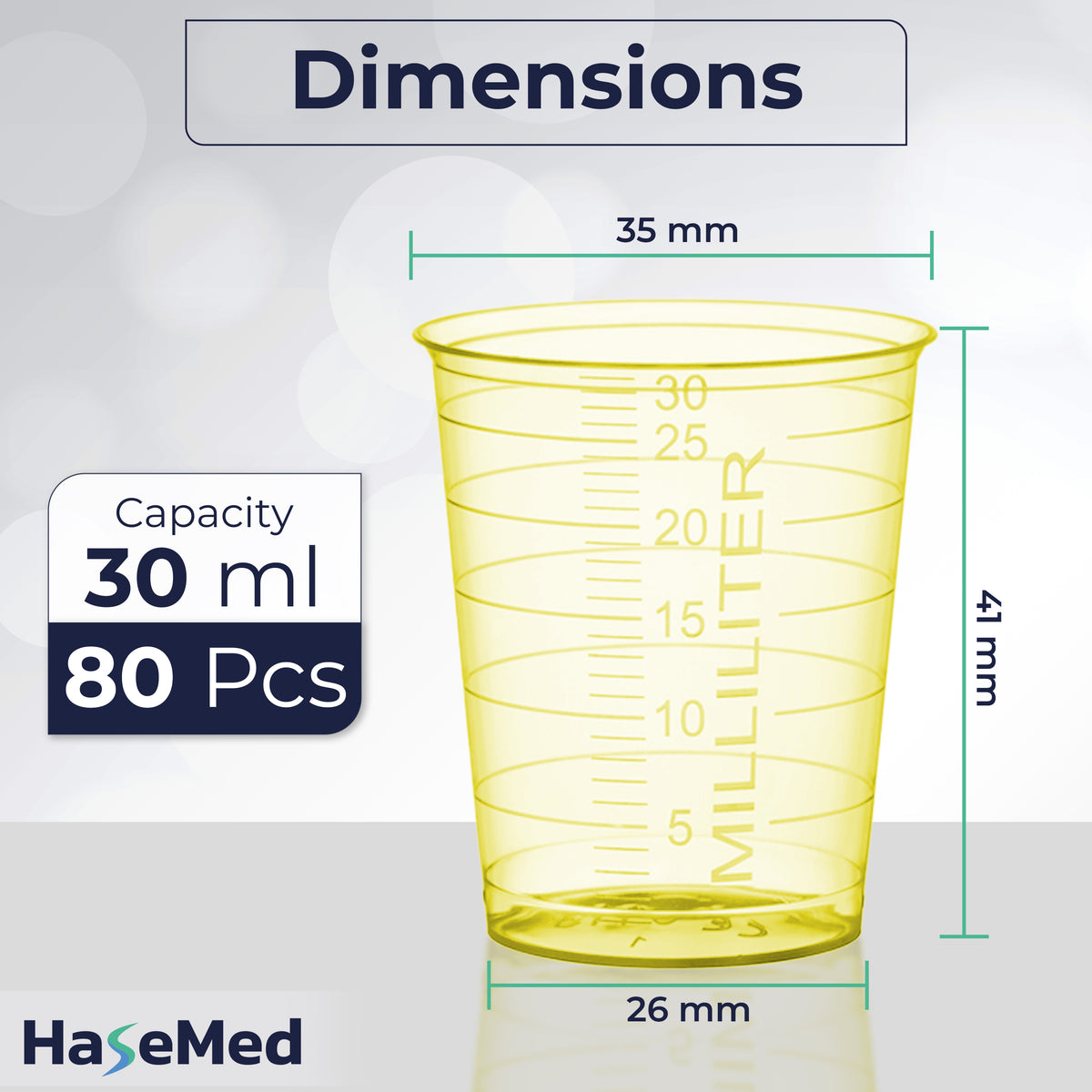 Dimension graphic for a HaseMed 30 ml medicine cup. Colour: yellow. Sold as 80 cups of one selected colour, without lids.