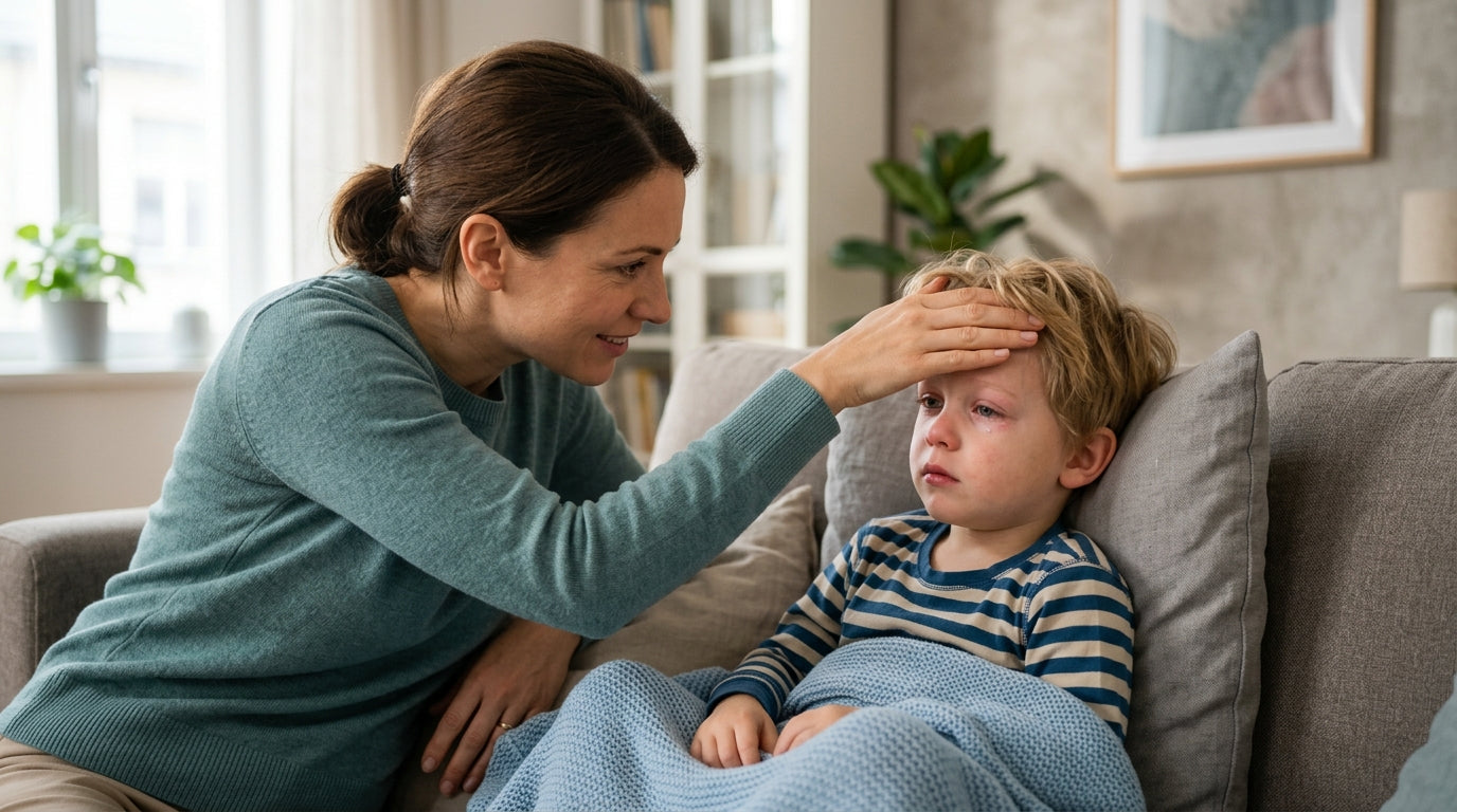 Parent checking forehead temperature of a tired child with slightly red eyes - adenovirus symptoms in children | parahealth