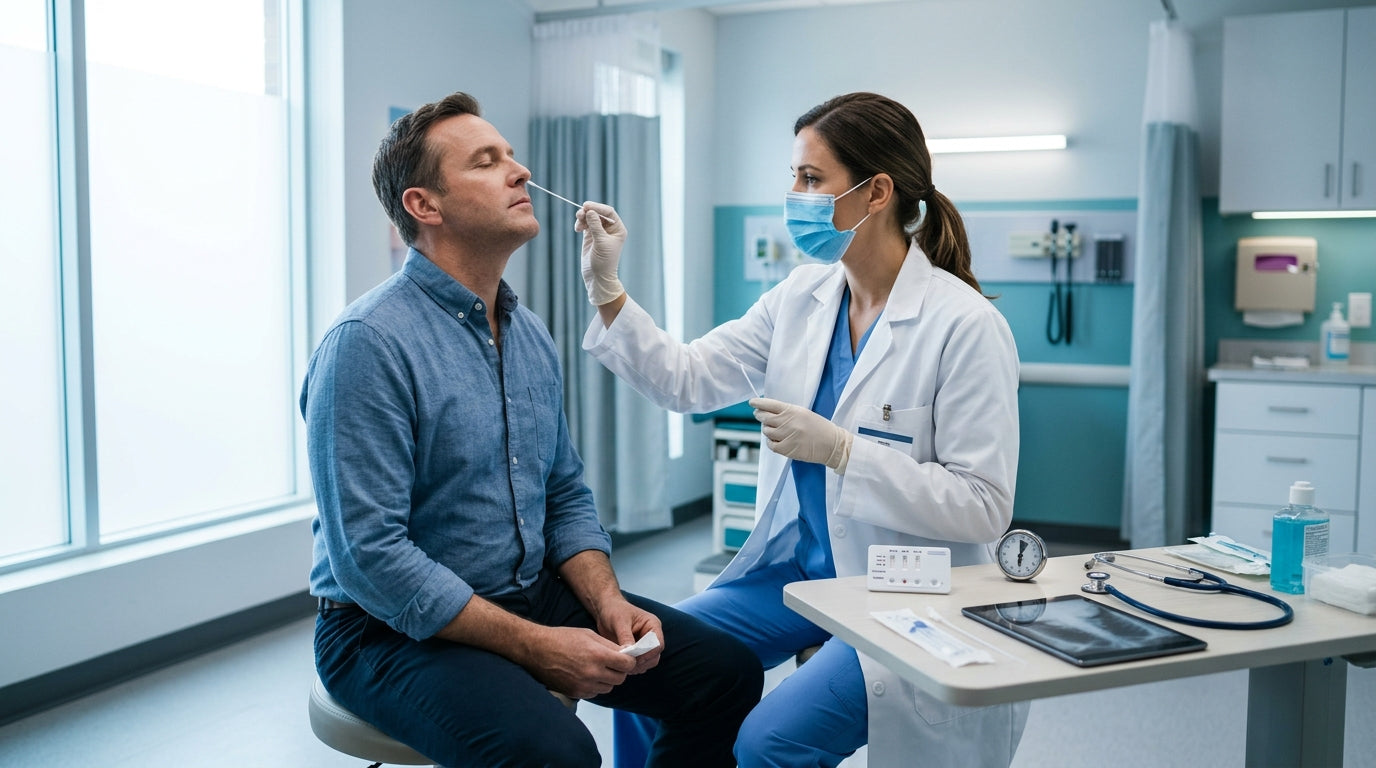 Doctor performing a nasal swab for a 12-in-1 rapid test detecting Mycoplasma, Legionella and pneumococcus | parahealth