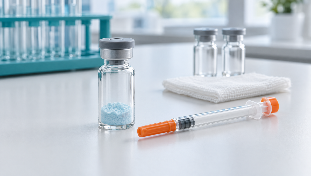 Nieoznakowana fiolka z jasnoniebieskim liofilizowanym proszkiem peptydowym, insulinowa strzykawka U-100 i sterylny gazik na białym blacie laboratoryjnym