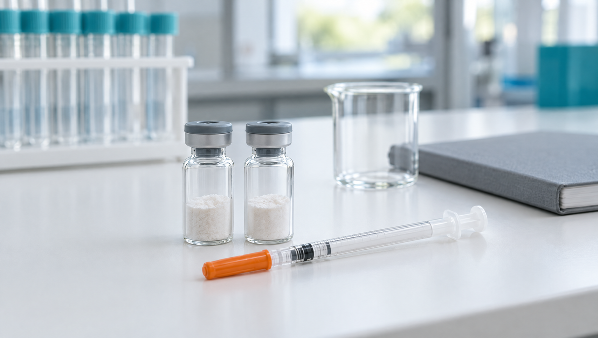Two unlabeled vials of lyophilized peptide powder, a U-100 insulin syringe, a beaker and a notebook on a white laboratory bench