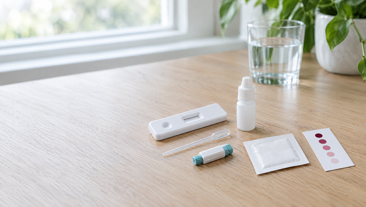 Vitamin D home test kit on a wooden table: test cassette, buffer bottle, capillary pipette, lancet, alcohol swab, color card