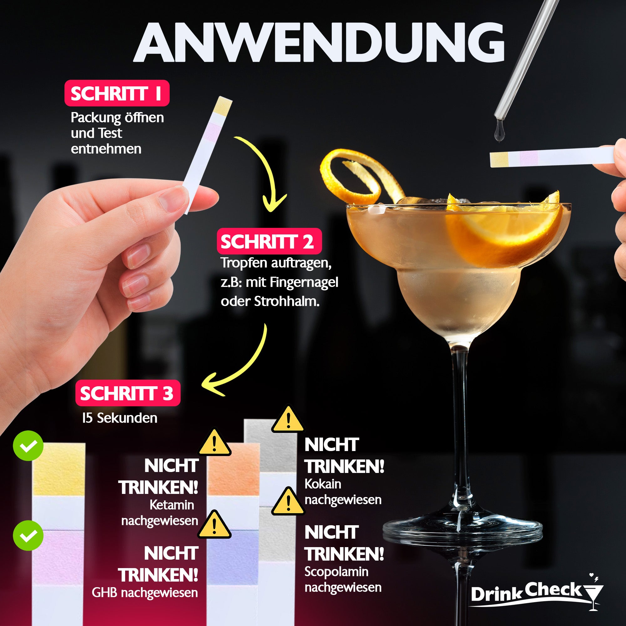 DrinkCheck Szybki test na obecność substancji odurzających (pigułka gwałtu) do wykrywania ketaminy, GHB, skopolaminy i kokainy