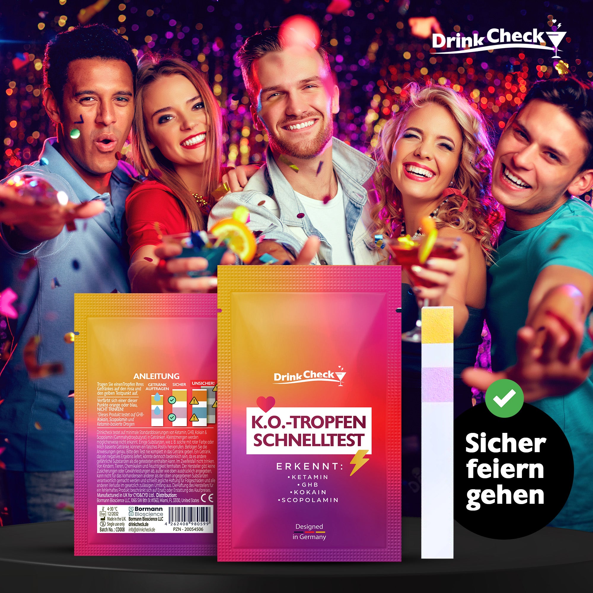 DrinkCheck Szybki test na obecność substancji odurzających (pigułka gwałtu) do wykrywania ketaminy, GHB, skopolaminy i kokainy