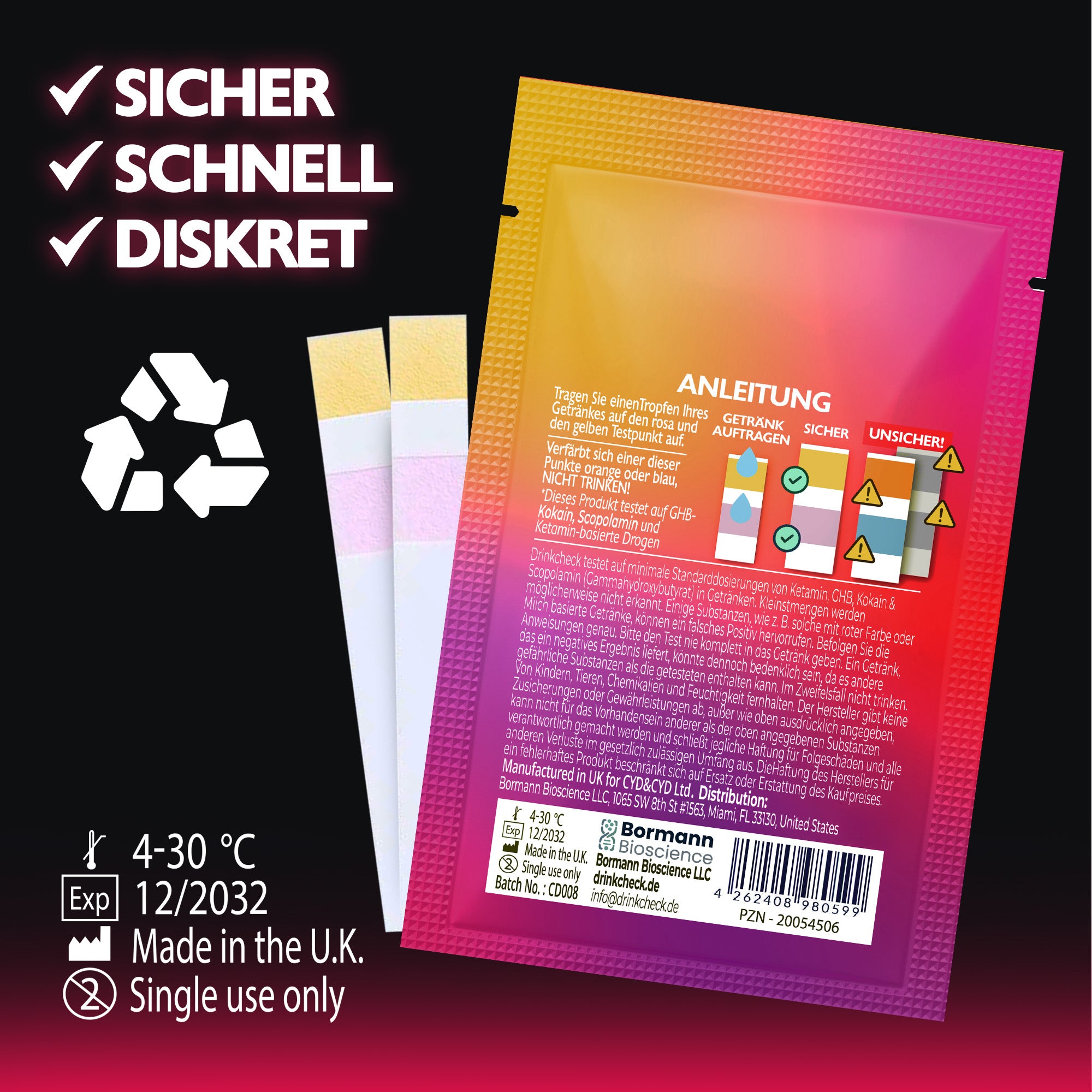 DrinkCheck Szybki test na obecność substancji odurzających (pigułka gwałtu) do wykrywania ketaminy, GHB, skopolaminy i kokainy