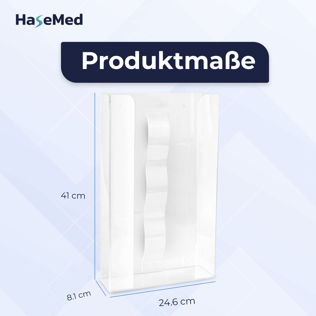 Wymiary akrylowego uchwytu HaseMed HAS-35: 41 × 24,6 × 8,1 cm; jeden uchwyt na trzy pudełka rękawic.