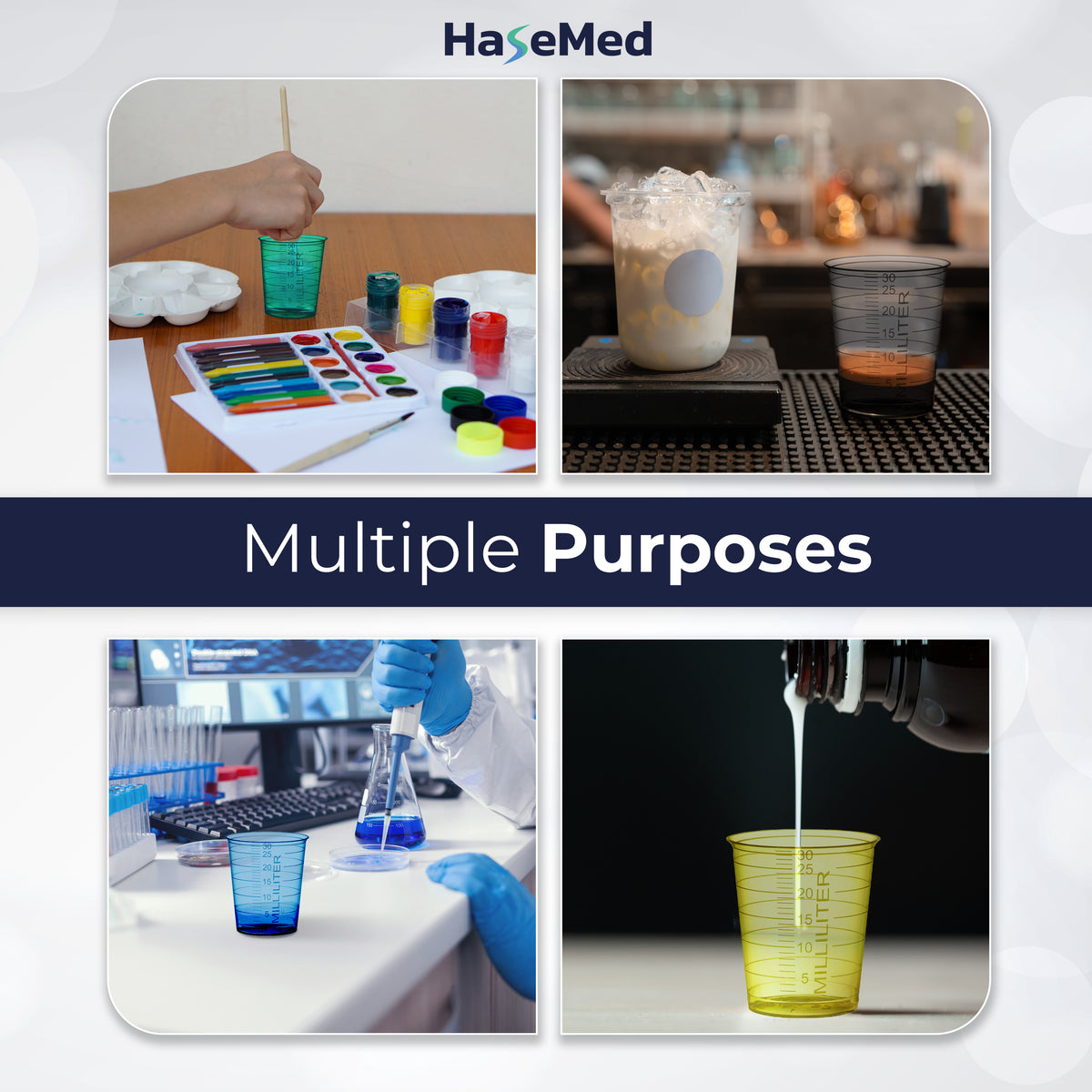 Collage showing HaseMed 30 ml medicine cups with art supplies, drinks and laboratory equipment. Sold as 80 cups of one selected colour, without lids. Props not included.
