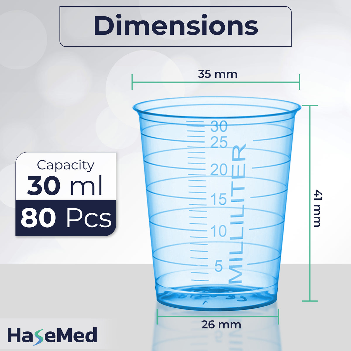 Dimension graphic for a HaseMed 30 ml medicine cup. Colour: blue. Sold as 80 cups of one selected colour, without lids.