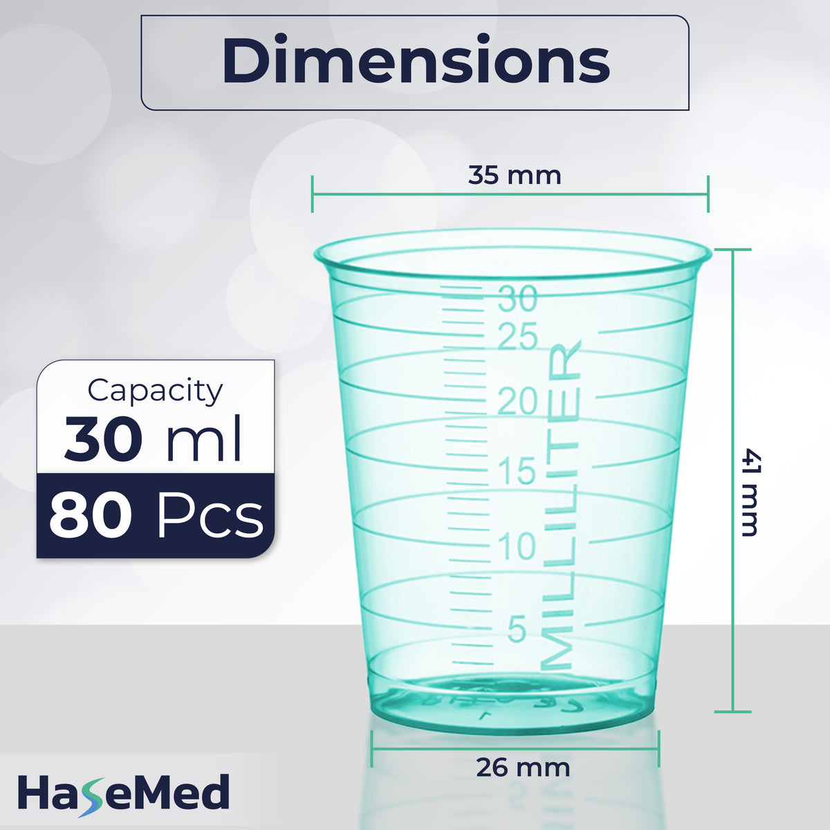 Dimension graphic for a HaseMed 30 ml medicine cup. Colour: green. Sold as 80 cups of one selected colour, without lids.