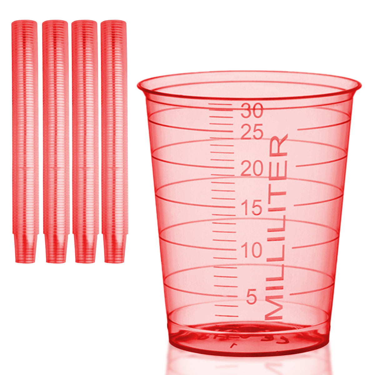Stacks of HaseMed 30 ml medicine cups. Colour: red. Sold as 80 cups of one selected colour, without lids.
