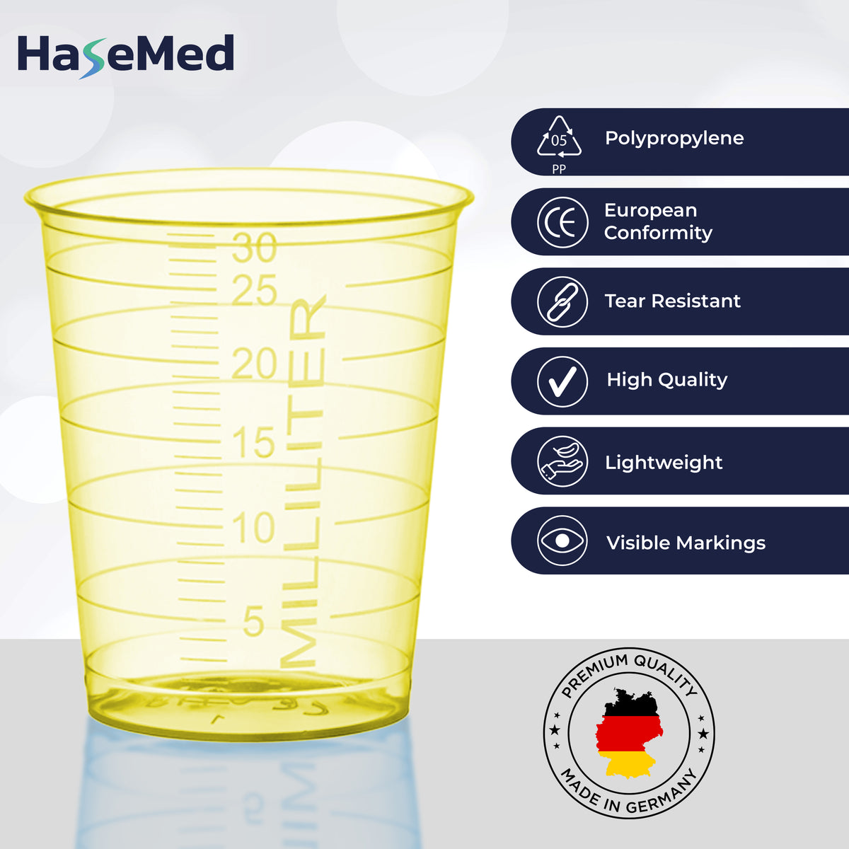 Feature graphic for HaseMed 30 ml medicine cups. Colour: yellow. Sold as 80 cups of one selected colour, without lids.